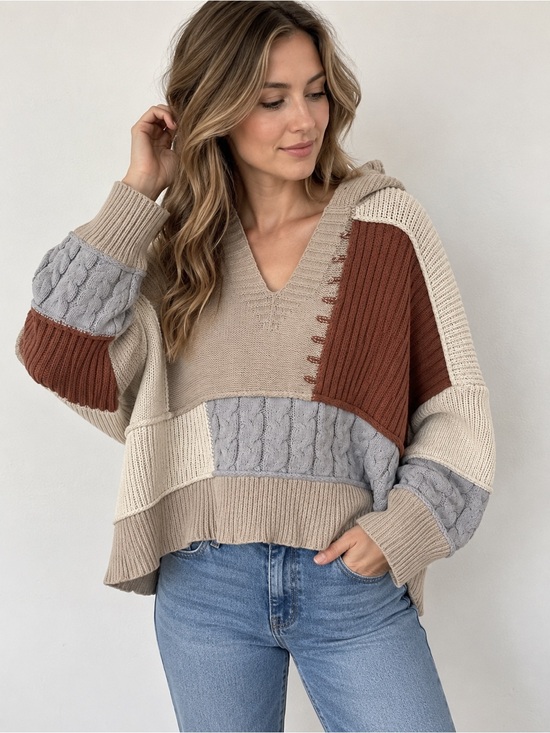 POL Sweaters - POL Patchwork Colorblock Oversized Hooded Knit Sweater L